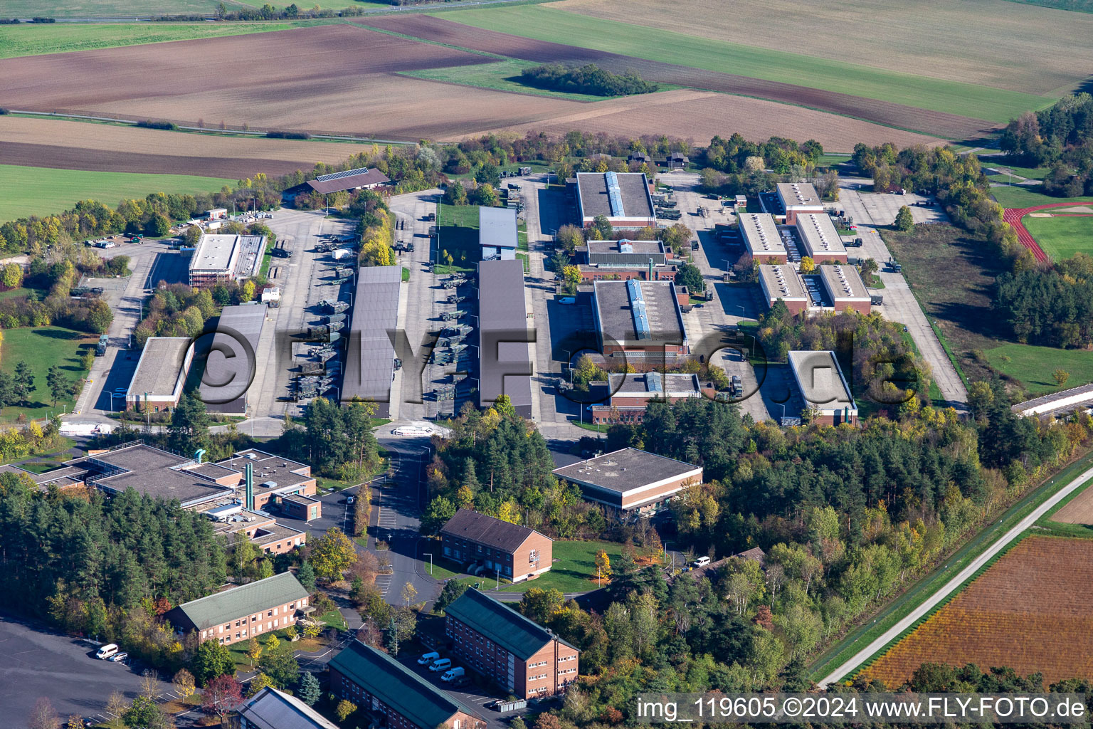 Aerial view of Mainfranken Barracks in Volkach in the state Bavaria, Germany