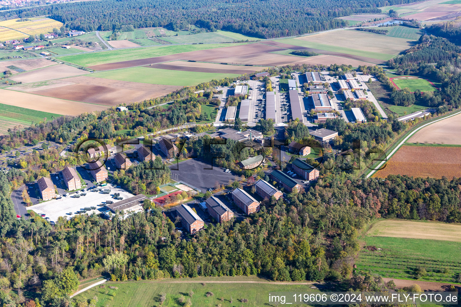 Aerial view of Building complex of the German army - Bundeswehr military barracks Mainfrankenkaserne in Volkach in the state Bavaria, Germany