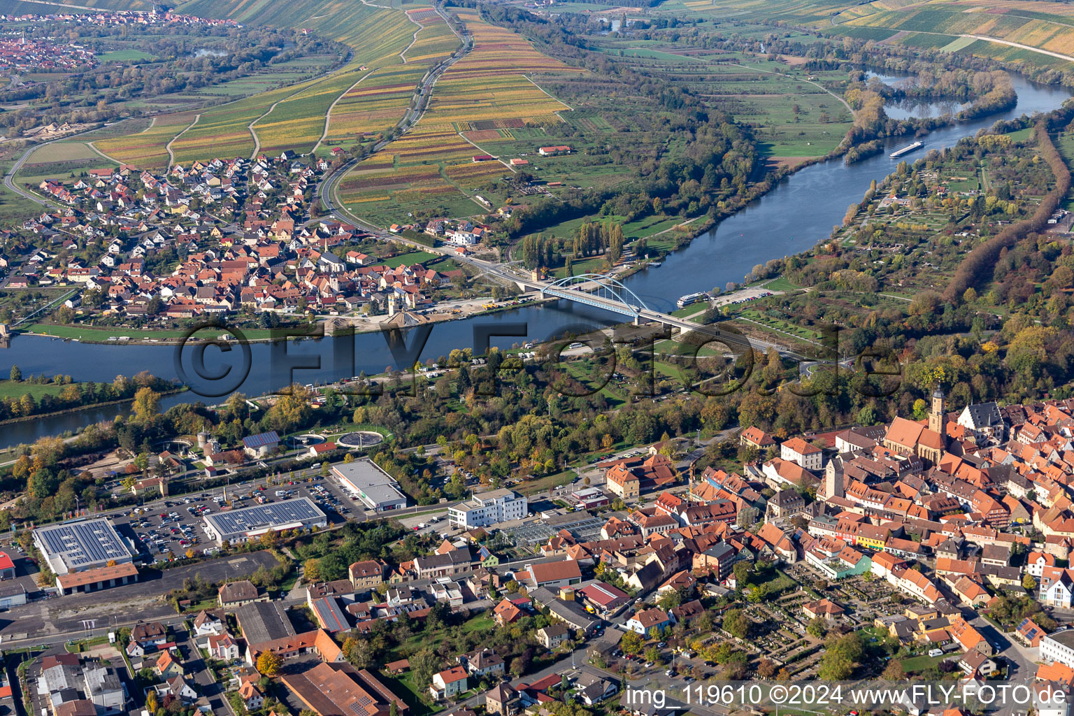 Aerial view of River - bridge construction crossing the Main river zwischen Astheim und Volkach in the state , Germany