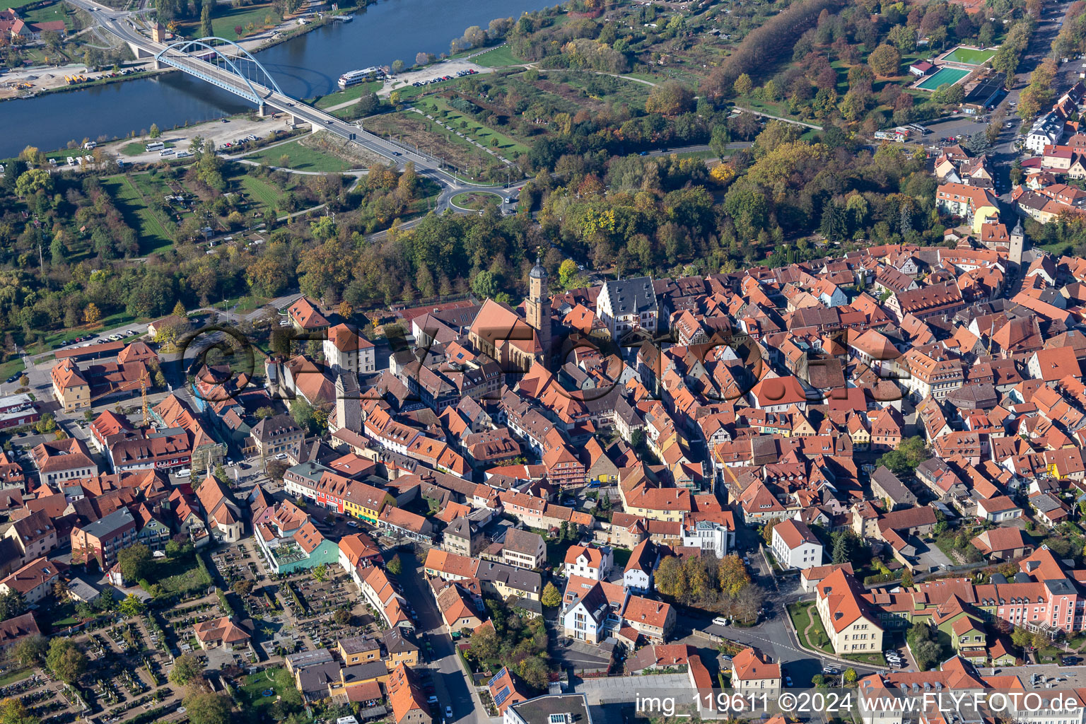 Volkach in the state Bavaria, Germany seen from a drone