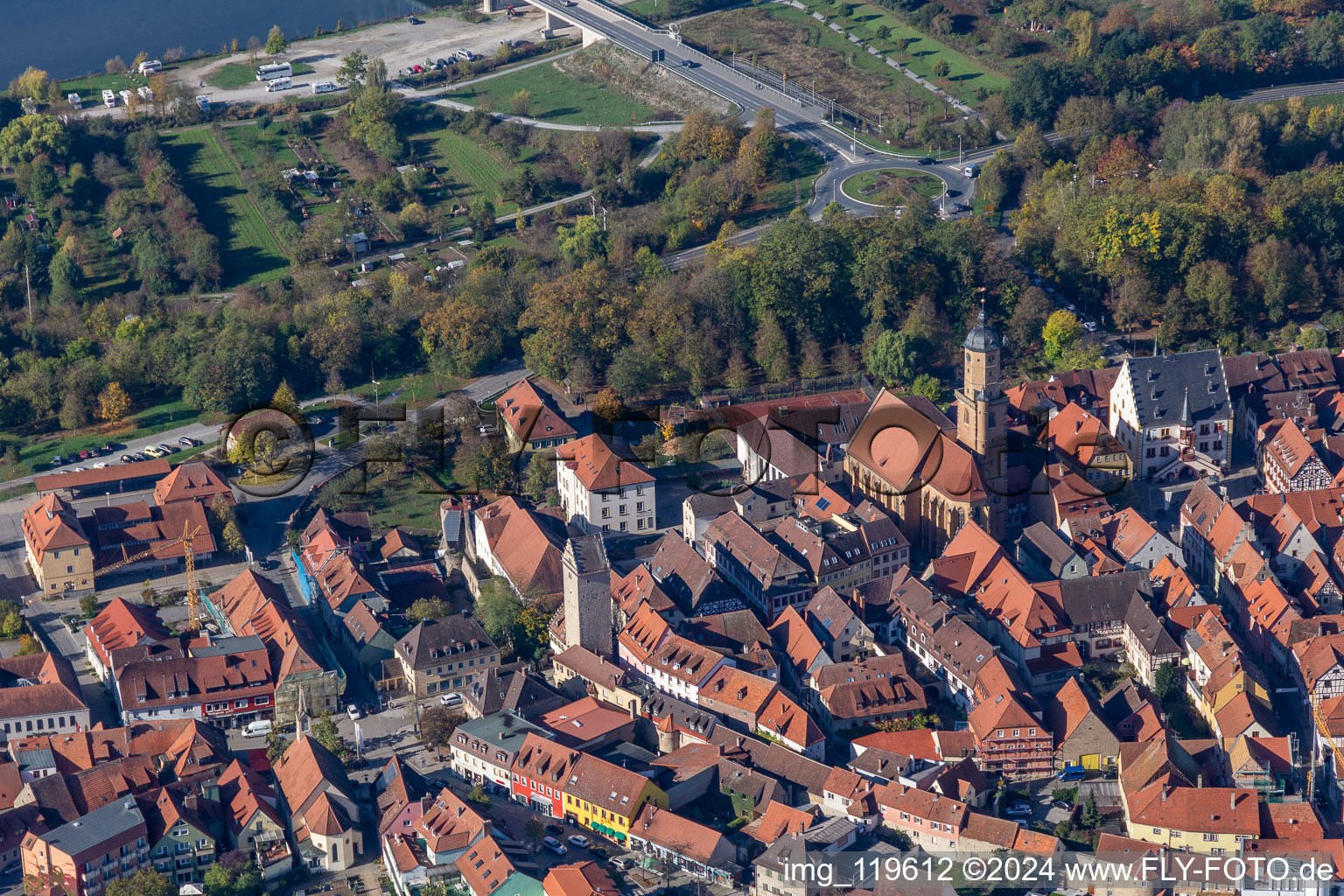 Aerial view of Church building Kath. Kirche St. Bartholomaeus in Volkach in the state Bavaria, Germany