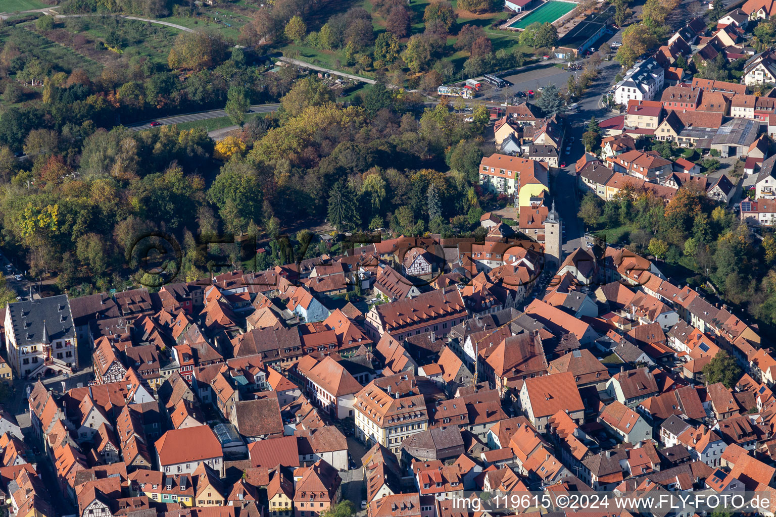 Tower building at the former historic city walls in Volkach in the state Bavaria, Germany