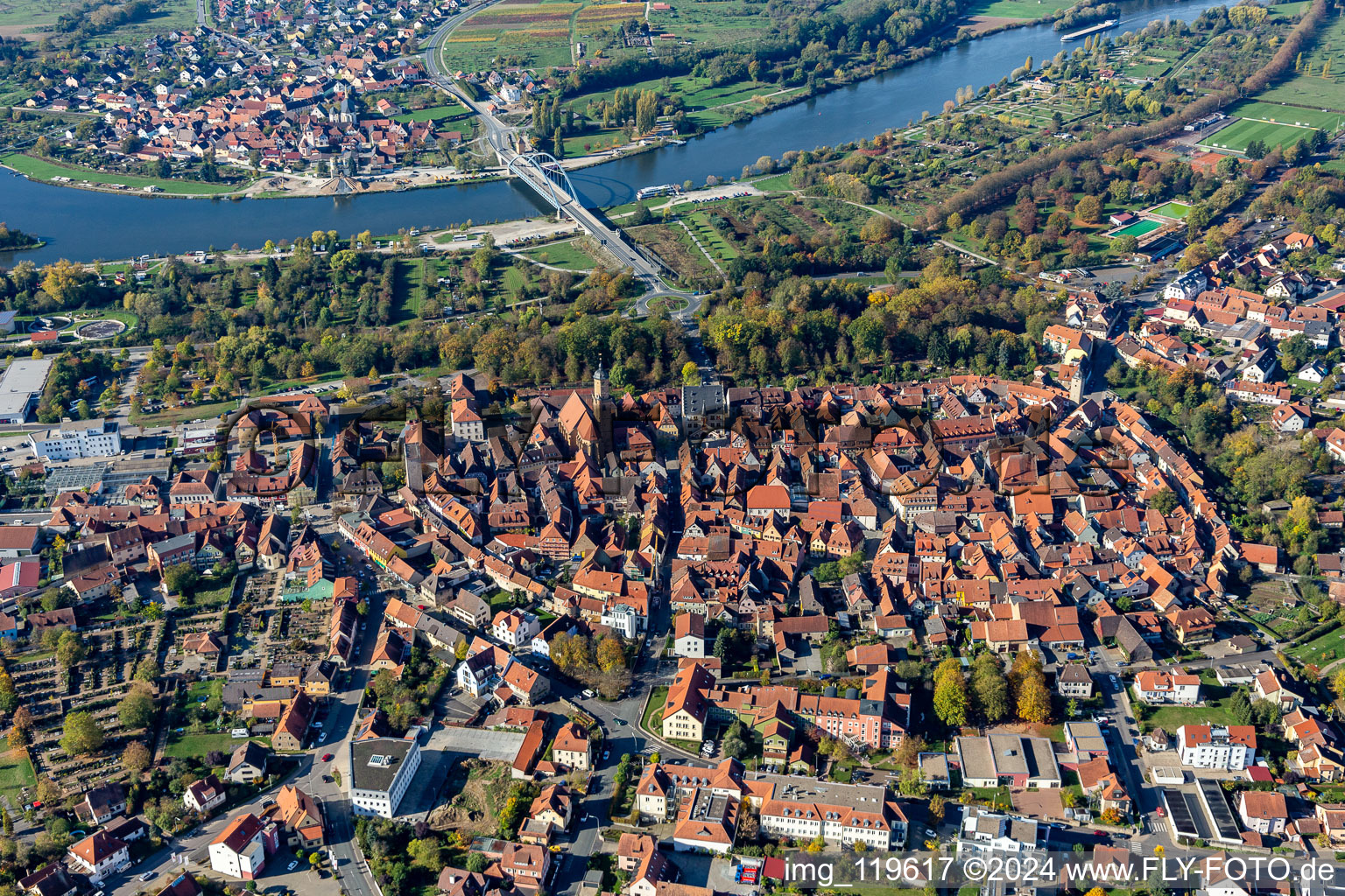 City view on the river bank of the Main river in Volkach in the state Bavaria, Germany