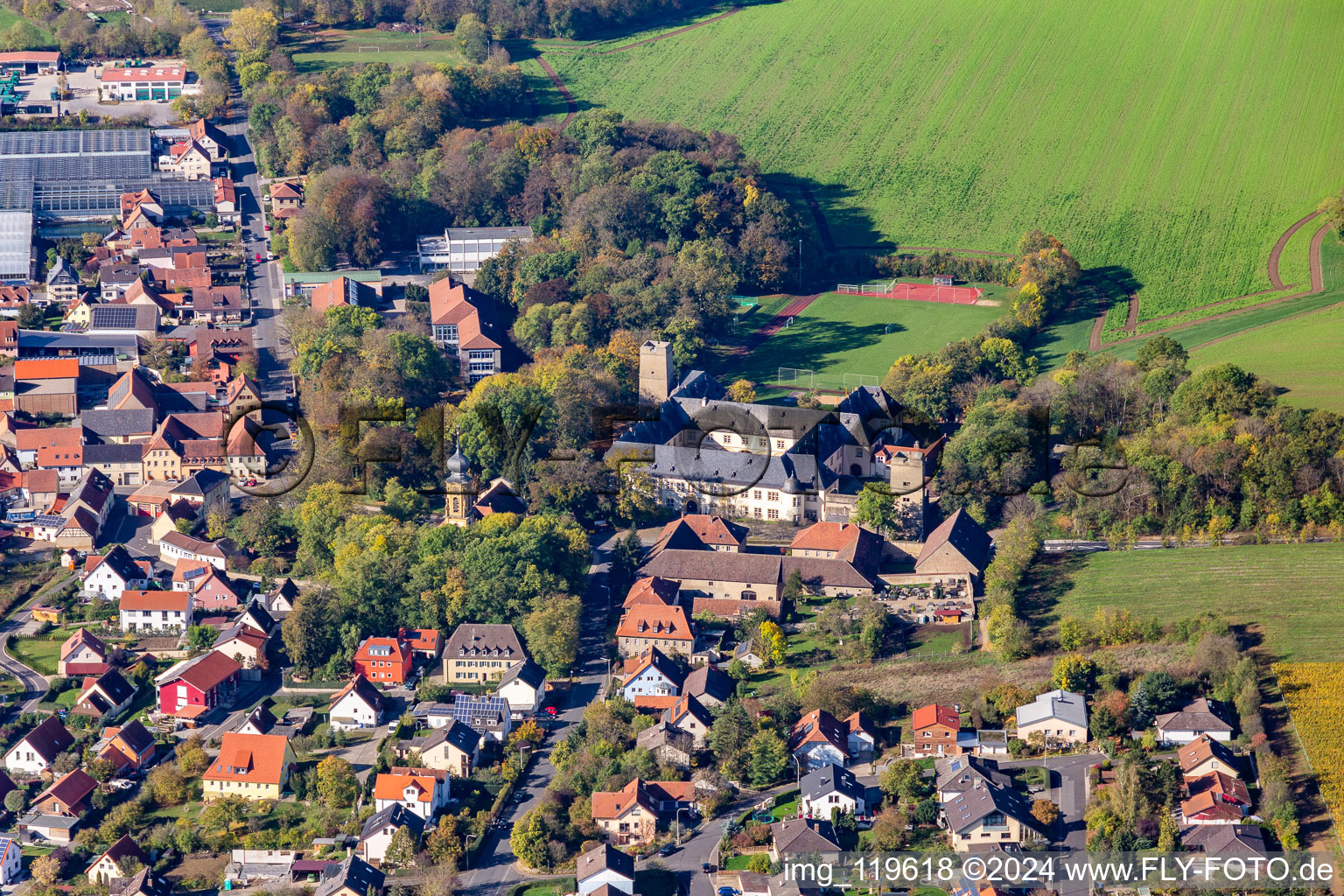 Aerial view of Count Schönborn's Castle Gaibach in the district Gaibach in Volkach in the state Bavaria, Germany