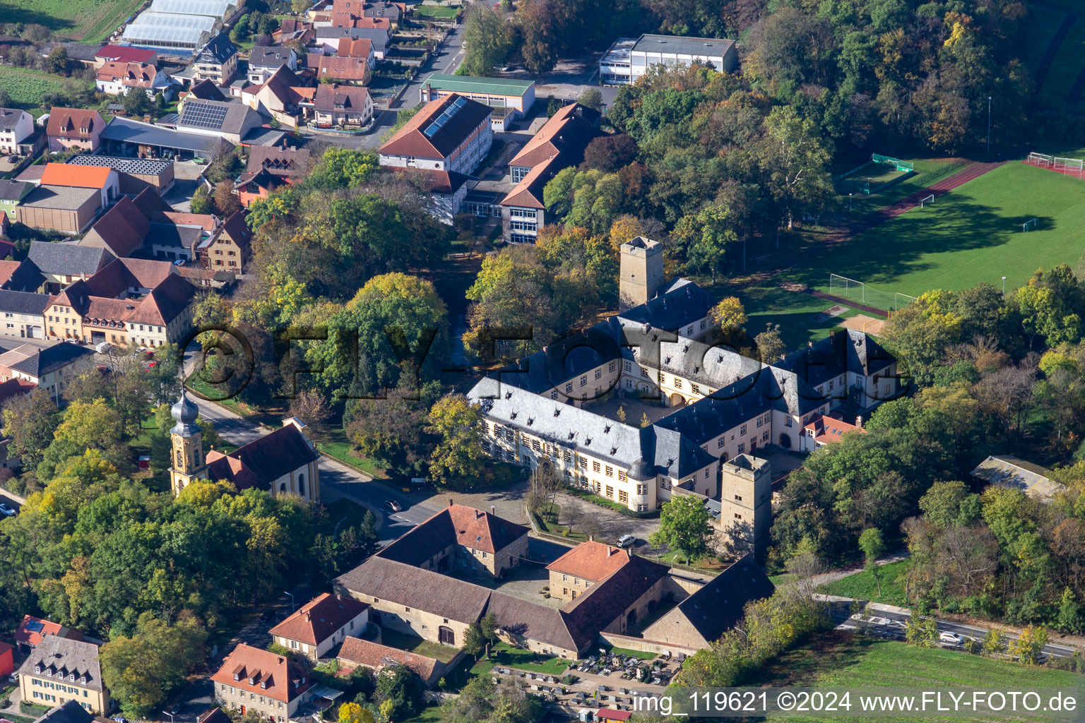 Aerial view of Count Schönborn's Castle Gaibach in Gaibach in the state Bavaria, Germany