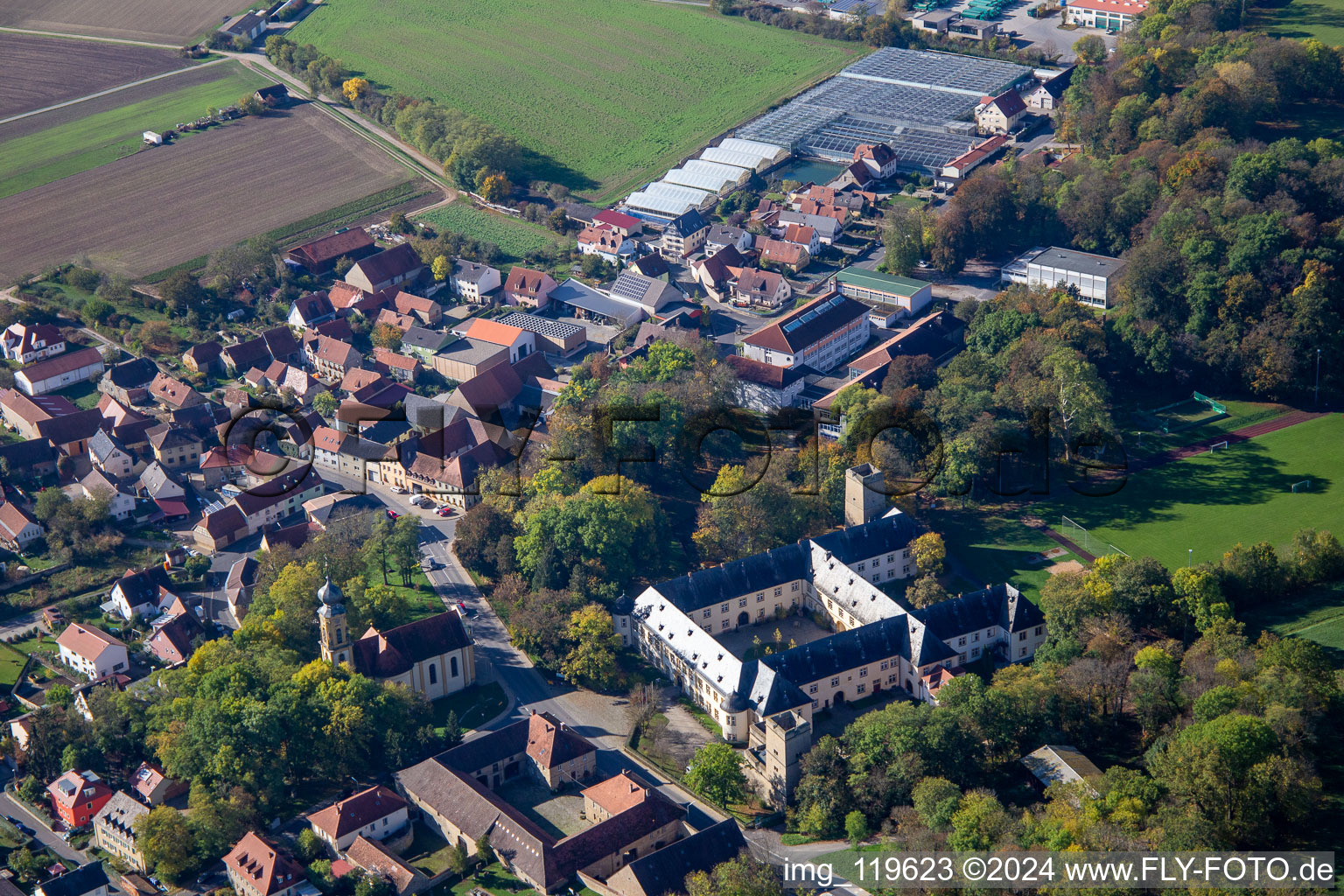 Oblique view of Count Schönborn's Castle Gaibach in the district Gaibach in Volkach in the state Bavaria, Germany