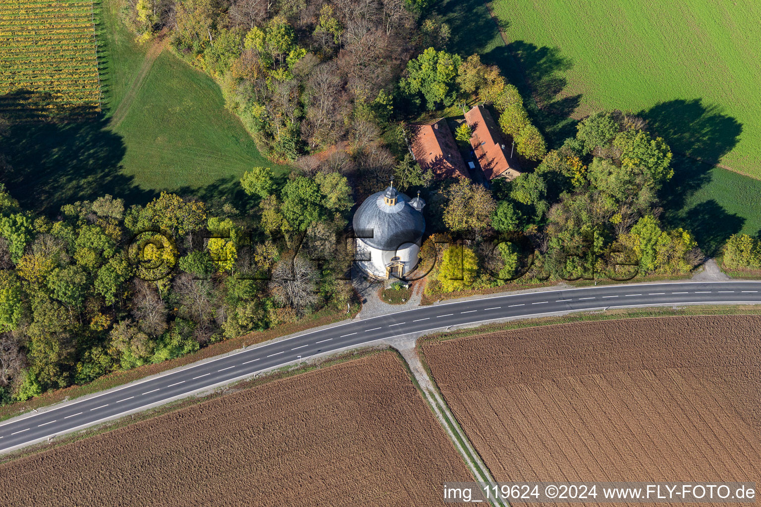 Aerial view of Church building Holy-Cross-Chapel in Volkach in the state Bavaria