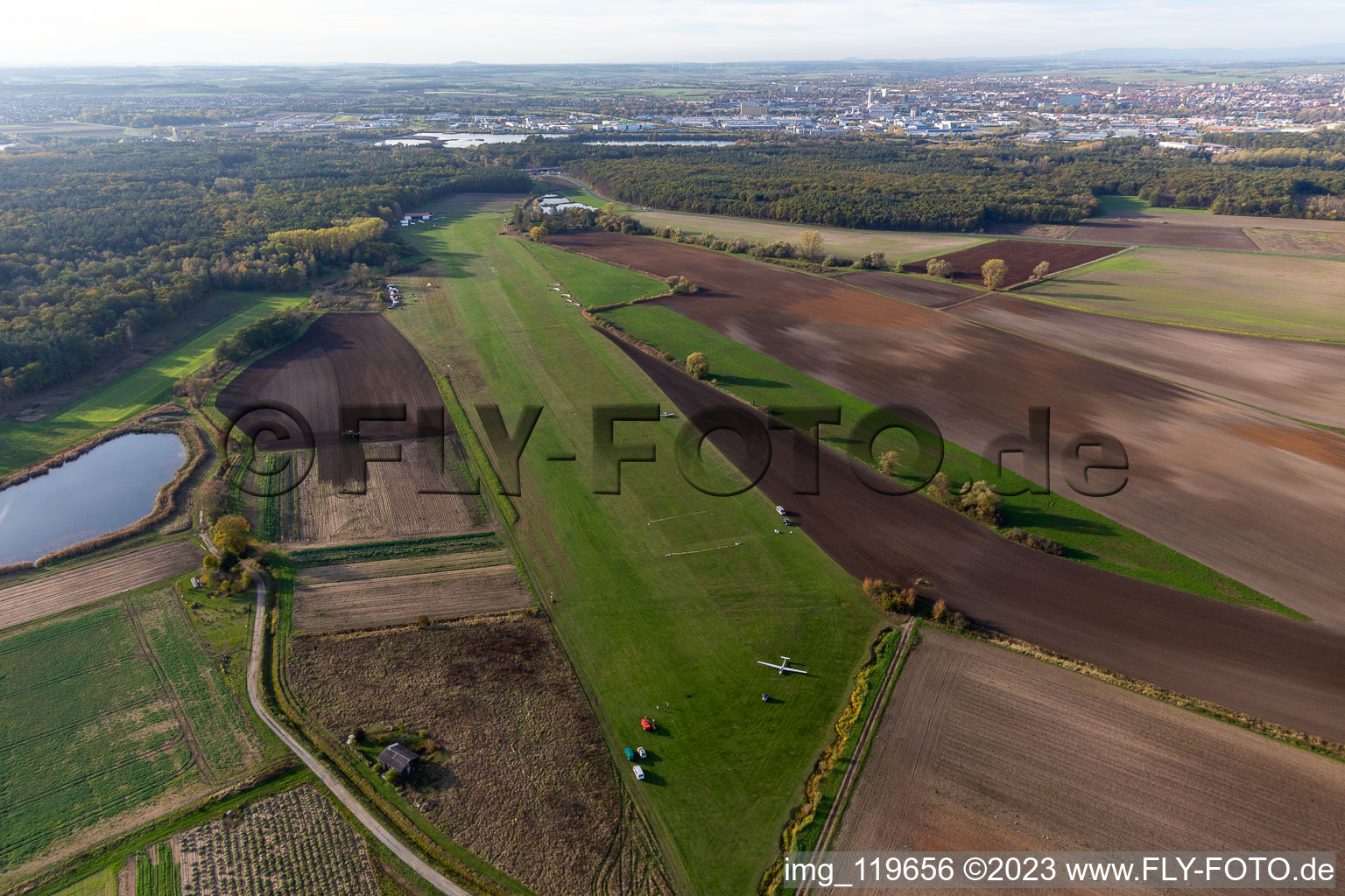 Runway with tarmac terrain of airfield Schweinfurt South EDFS in Gochsheim in the state Bavaria, Germany