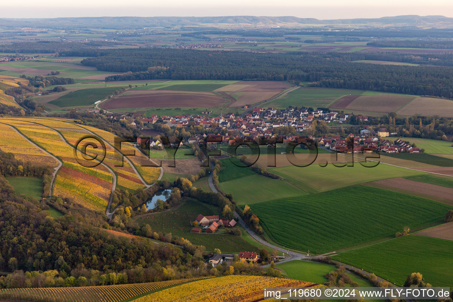 Aerial view of Vineyards Obervolkach in Obervolkach in the state Bavaria, Germany