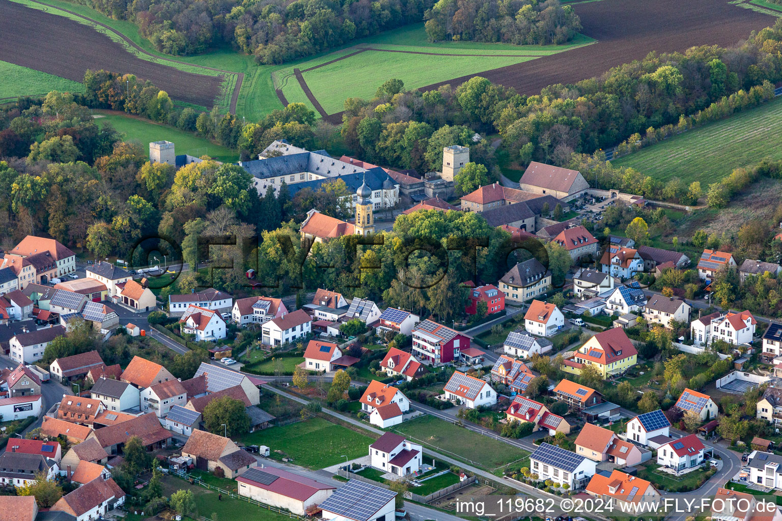 Count Schönborn's Castle Gaibach in the district Gaibach in Volkach in the state Bavaria, Germany from above