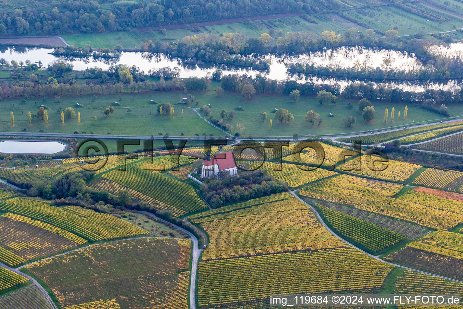 Aerial view of Pilgrimage Church of Maria im Weingarten in Volkach in the state Bavaria, Germany