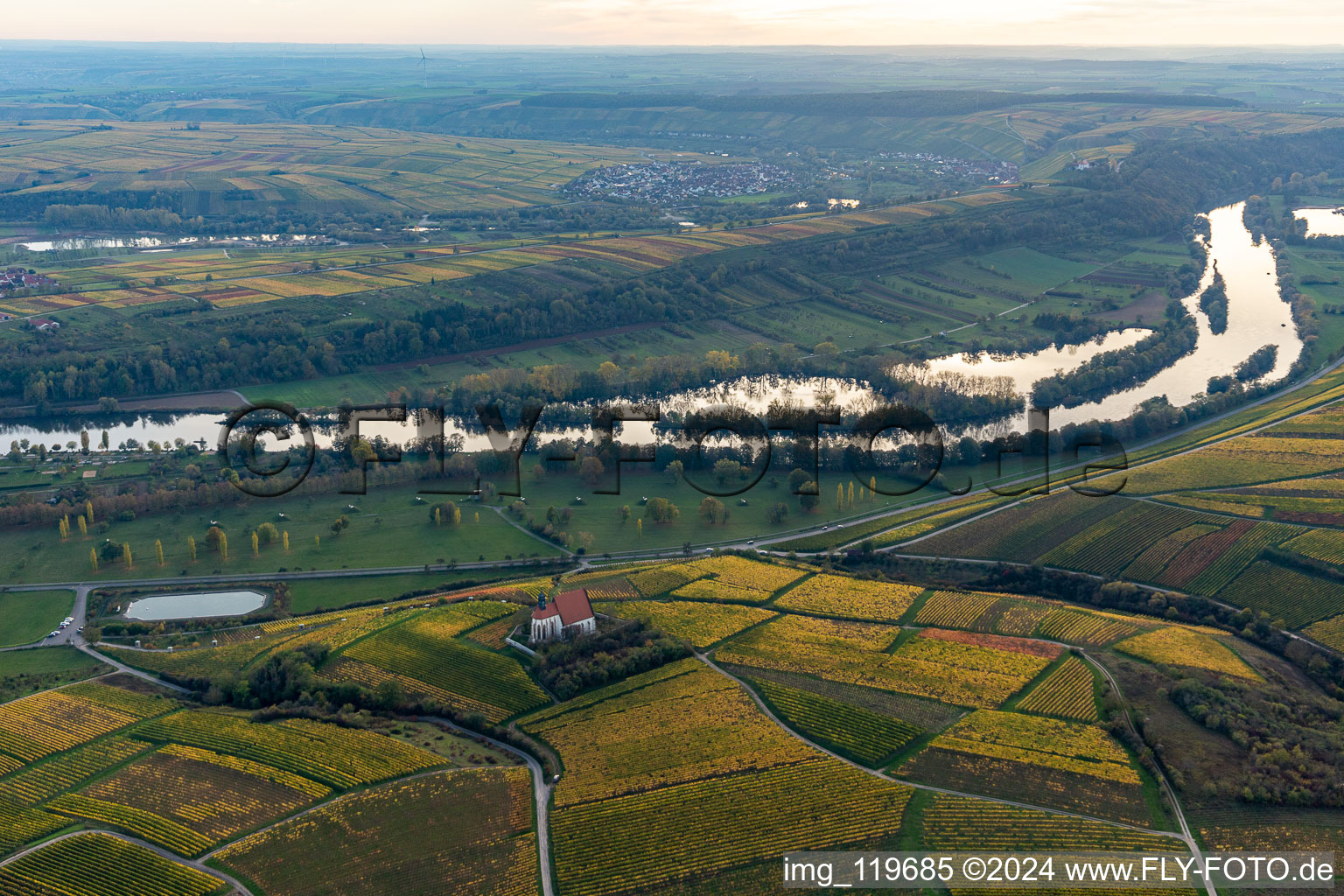 Aerial photograpy of Pilgrimage Church of Maria im Weingarten in Volkach in the state Bavaria, Germany