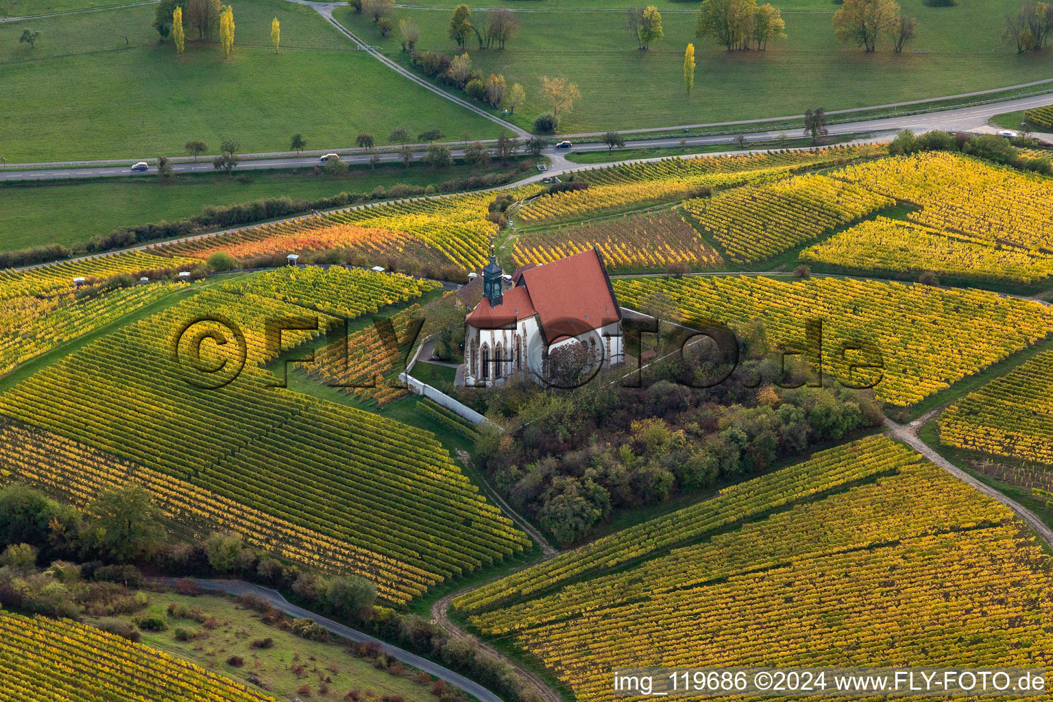 Oblique view of Pilgrimage Church of Maria im Weingarten in Volkach in the state Bavaria, Germany