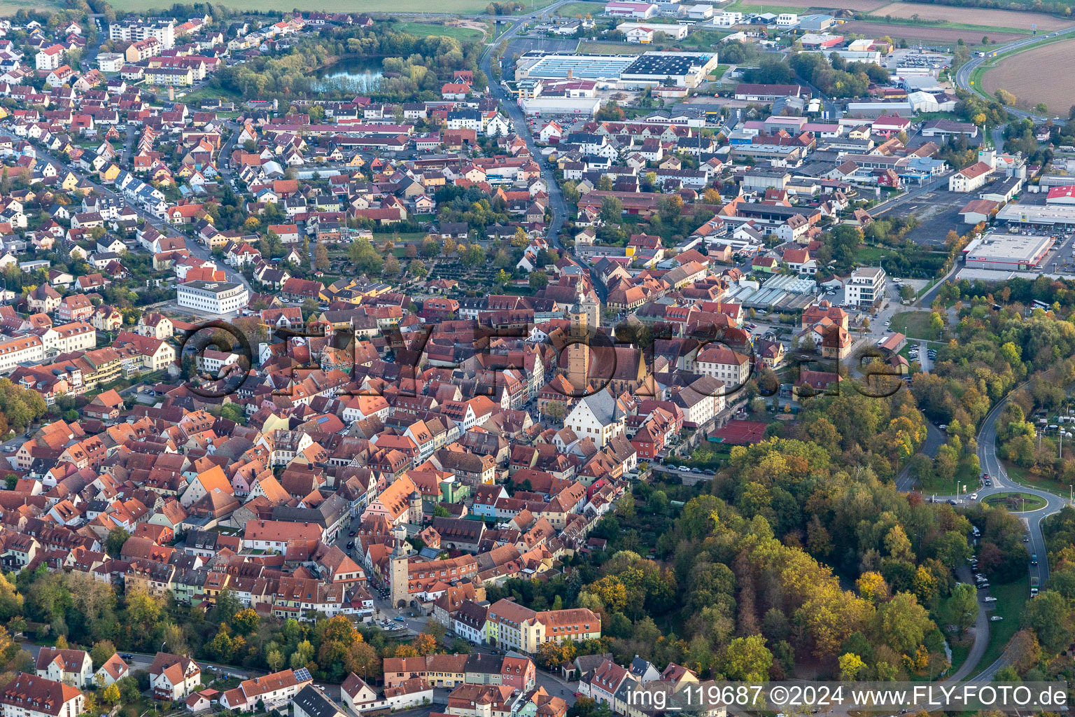 Aerial view of Old Town in the district Astheim in Volkach in the state Bavaria, Germany