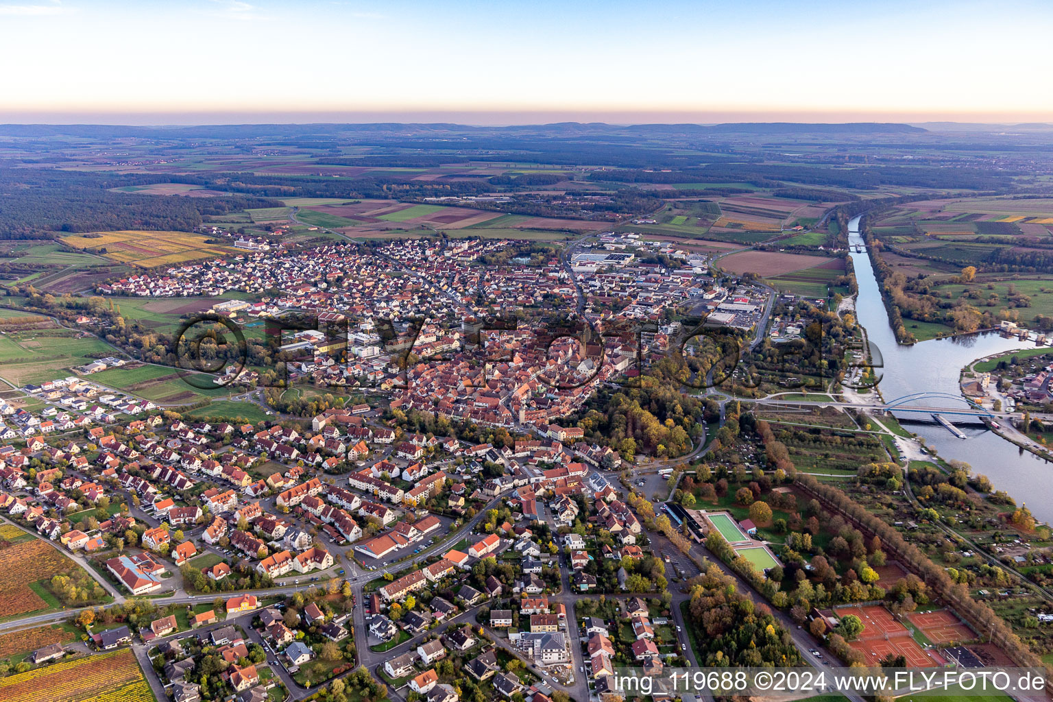 Aerial view of Volkach in the state Bavaria, Germany