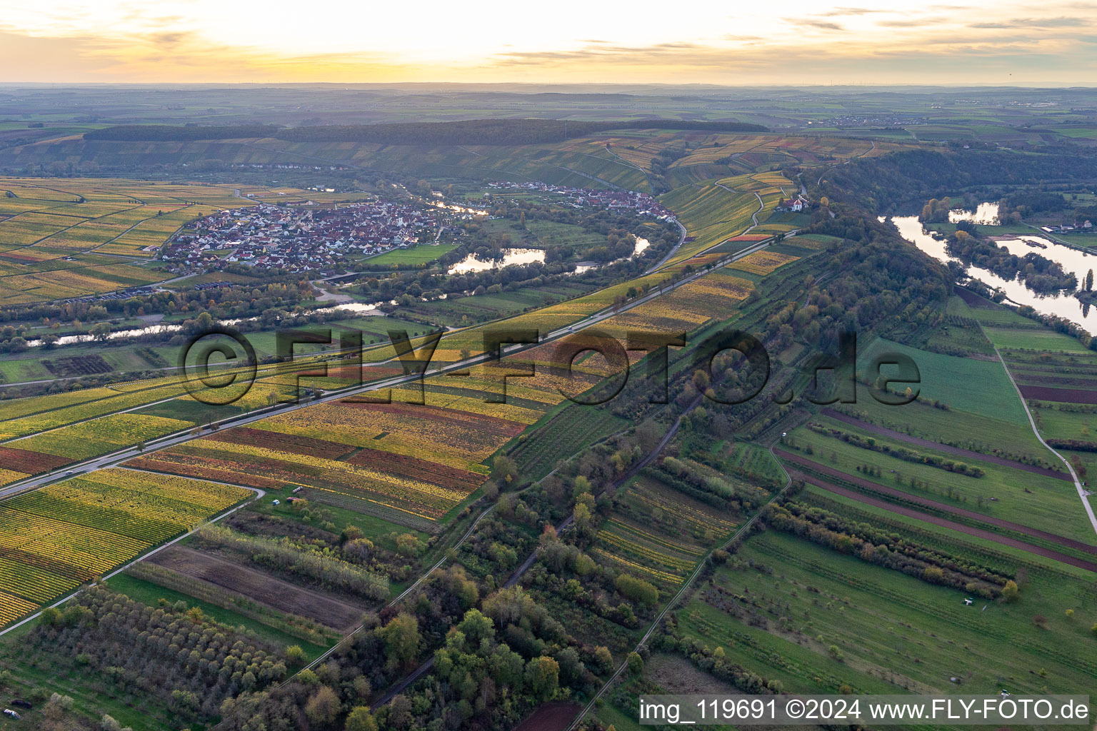 Curved loop of the riparian zones on the course of the river Main in Volkach in the state Bavaria, Germany