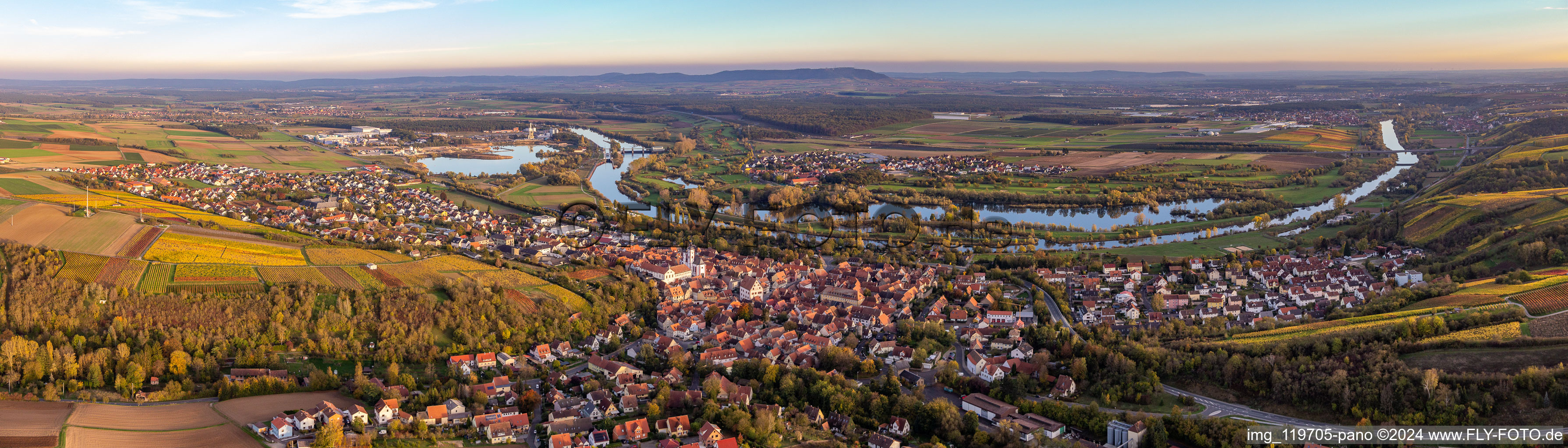 Panoramaic perspective village on the banks of the area of the Main river - river course in Dettelbach in the state Bavaria, Germany