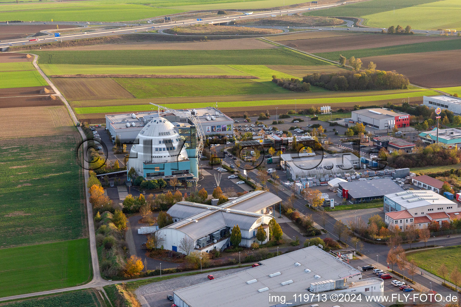 Aerial view of Cineworld Cineplex in Mainfrankenpark Neuhof in Dettelbach in the state Bavaria, Germany