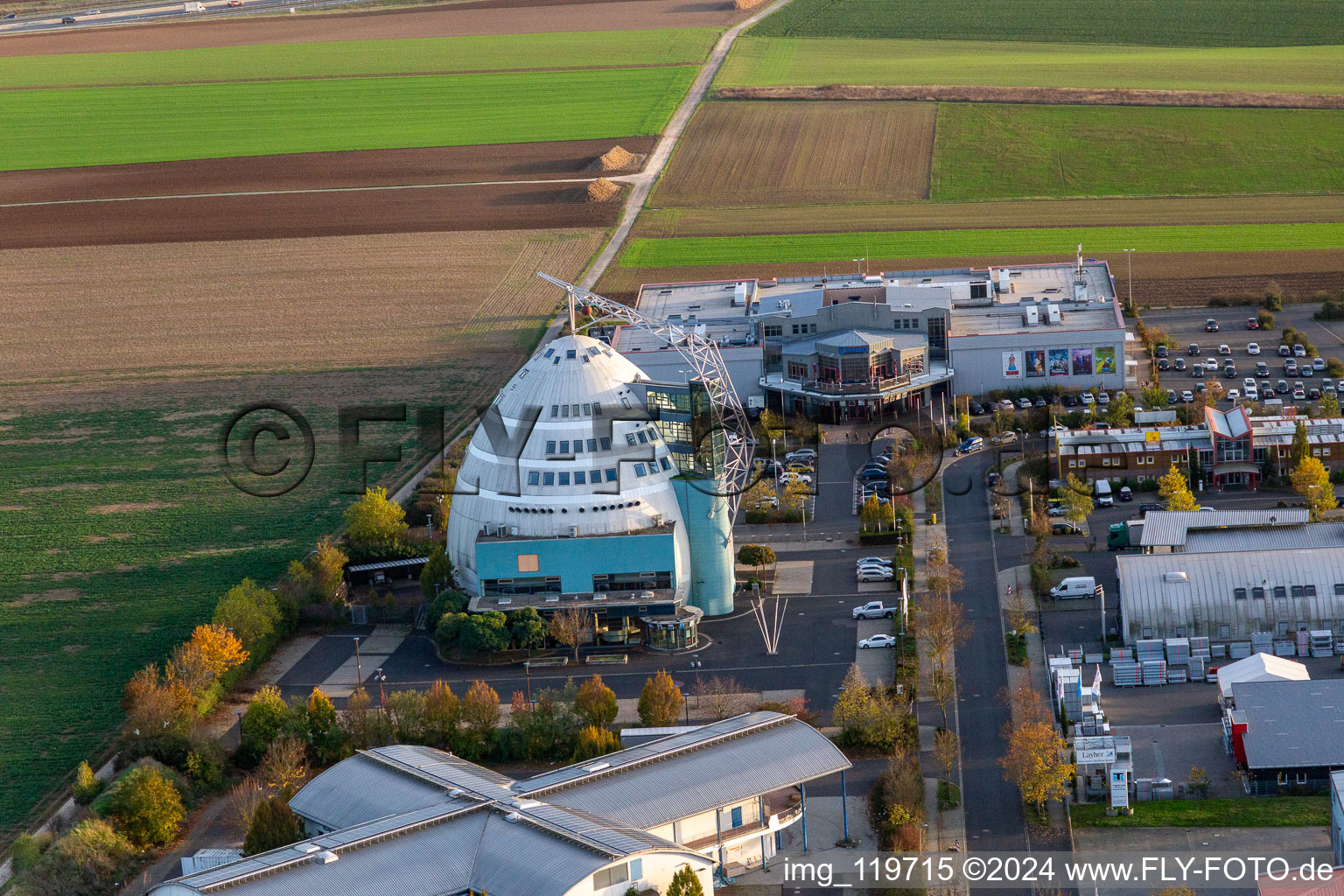 Aerial photograpy of Cineworld Cineplex in Mainfrankenpark Neuhof in Dettelbach in the state Bavaria, Germany