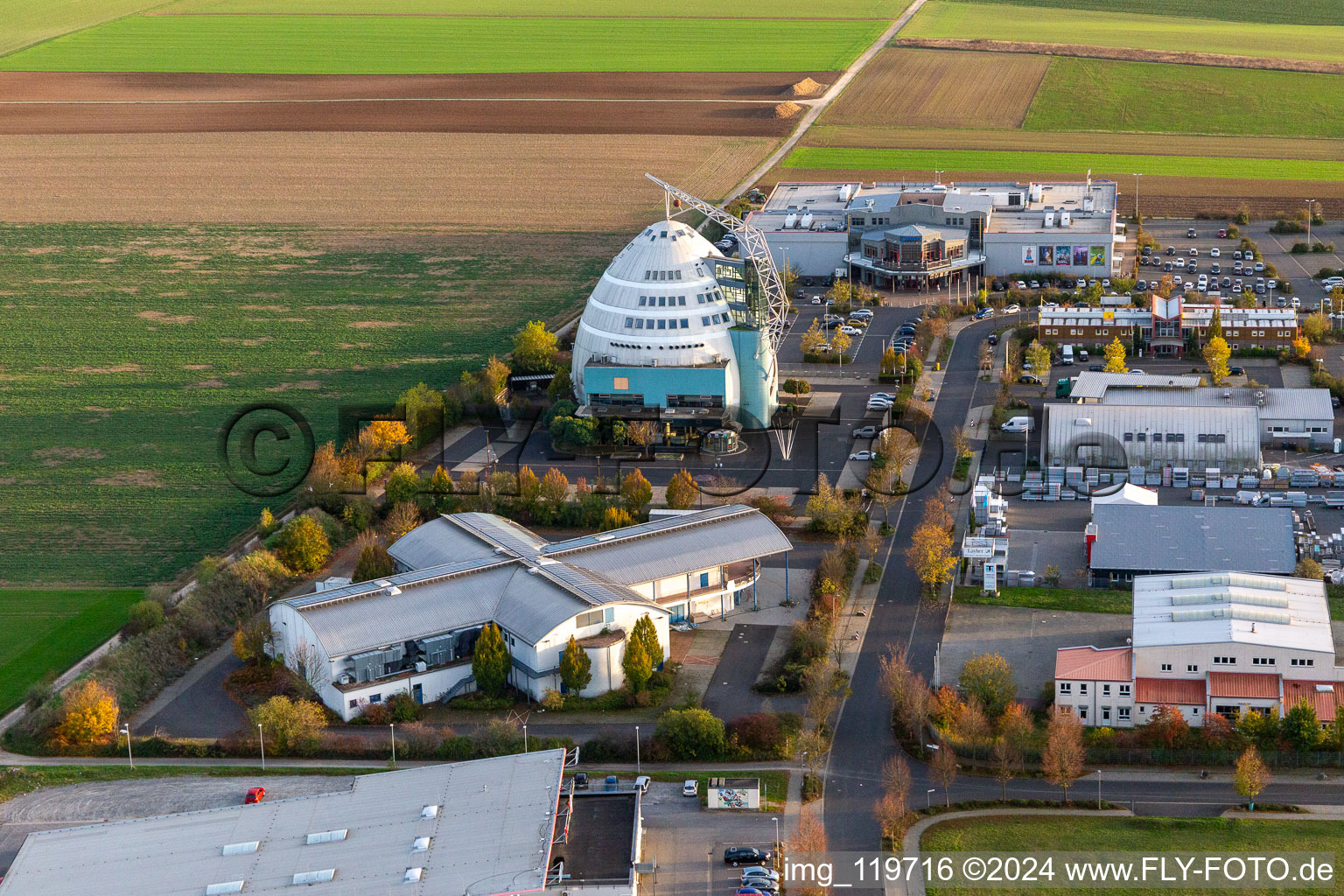 Oblique view of Cineworld Cineplex in Mainfrankenpark Neuhof in Dettelbach in the state Bavaria, Germany