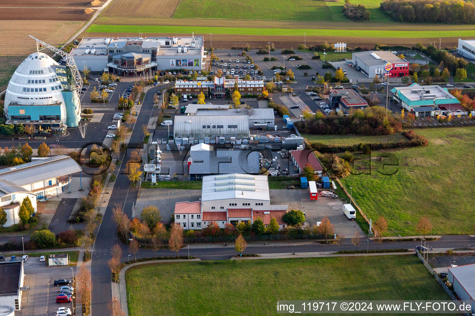 Industrial estate and company settlement Mainfrankenpark with Cineworld-Cineplex and Thermo King Transportkaelte in Dettelbach in the state Bavaria, Germany