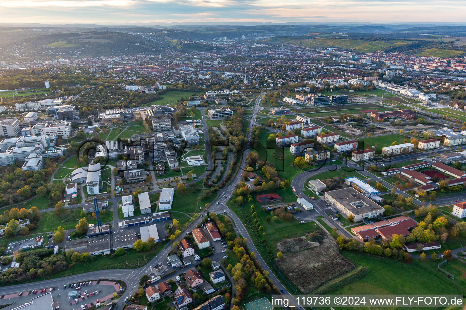 Aerial view of Julius-Maximilians University, Institute of Computer Science in the district Frauenland in Würzburg in the state Bavaria, Germany