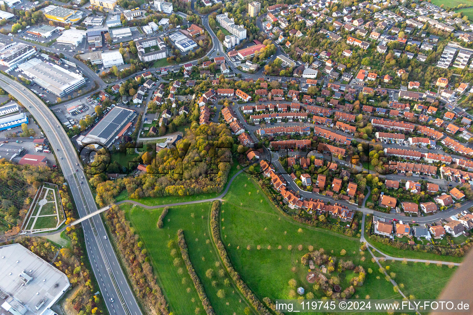 Aerial view of District Grombühl in Würzburg in the state Bavaria, Germany