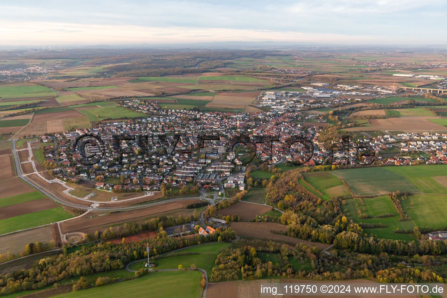 Town View of the streets and houses of the residential areas in Estenfeld in the state Bavaria, Germany