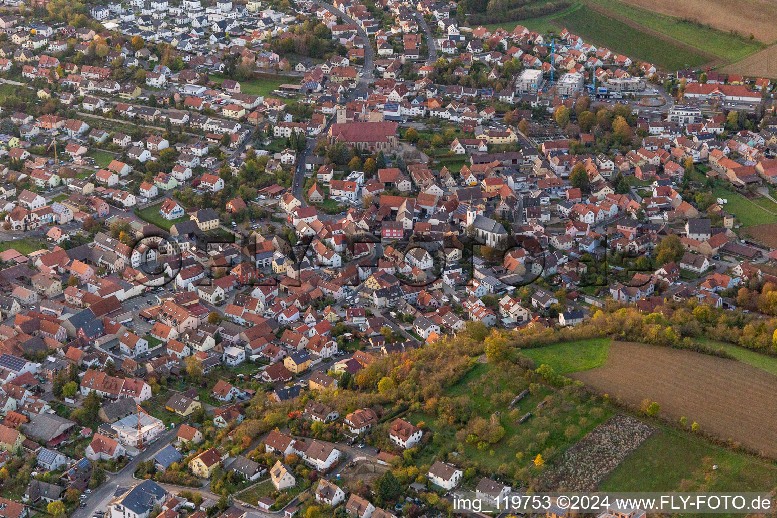 Aerial view of Estenfeld in the state Bavaria, Germany