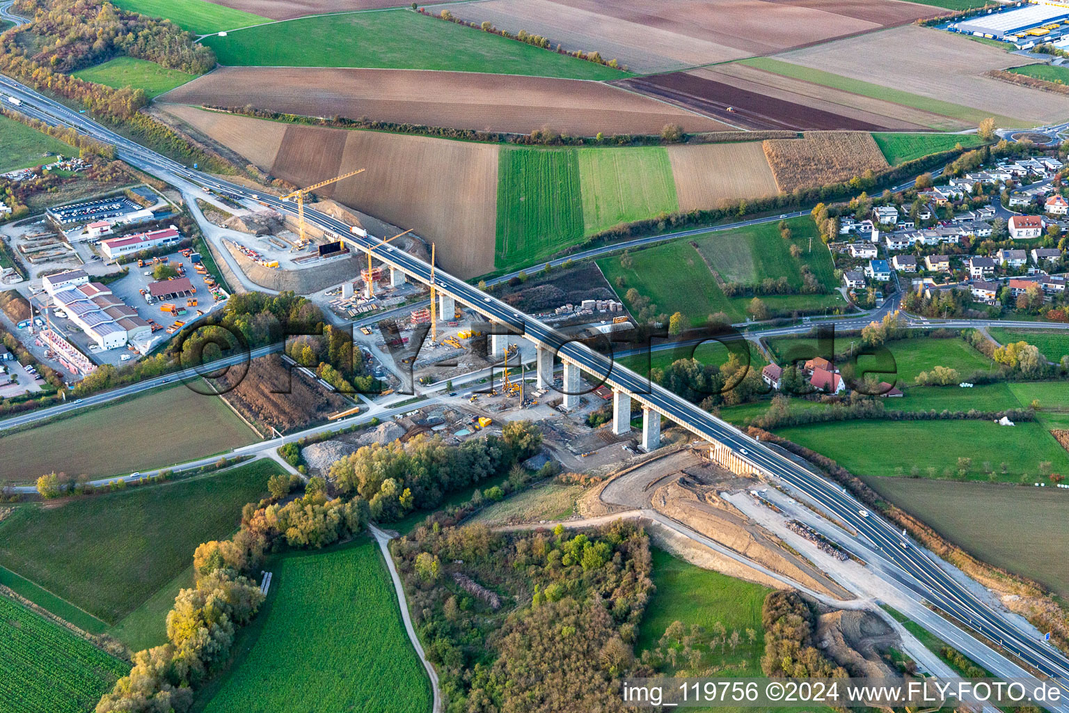 Construction site for the new building of Routing and traffic lanes over the highway bridge "Kuernachtalbruecke" in the motorway A 7 in Kuernach in the state Bavaria, Germany