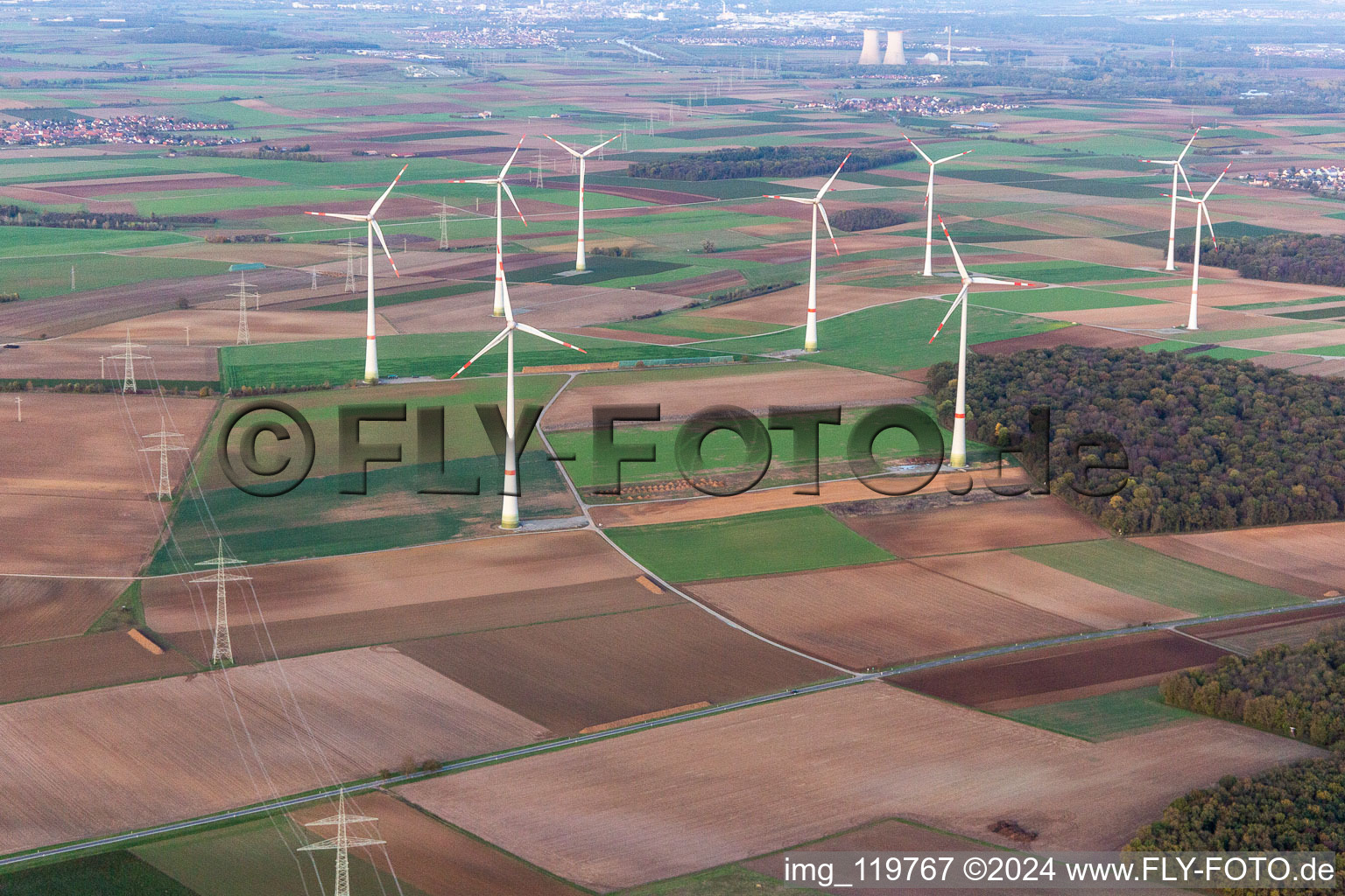 Wind turbine windmills on a field in Schwanfeld in the state Bavaria, Germany