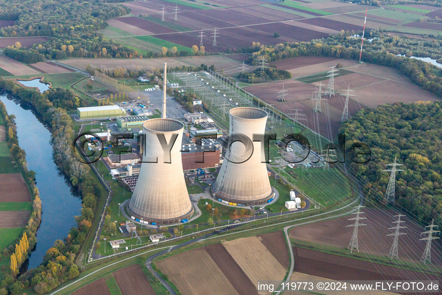 Aerial view of Nuclear power plant in Grafenrheinfeld in the state Bavaria, Germany