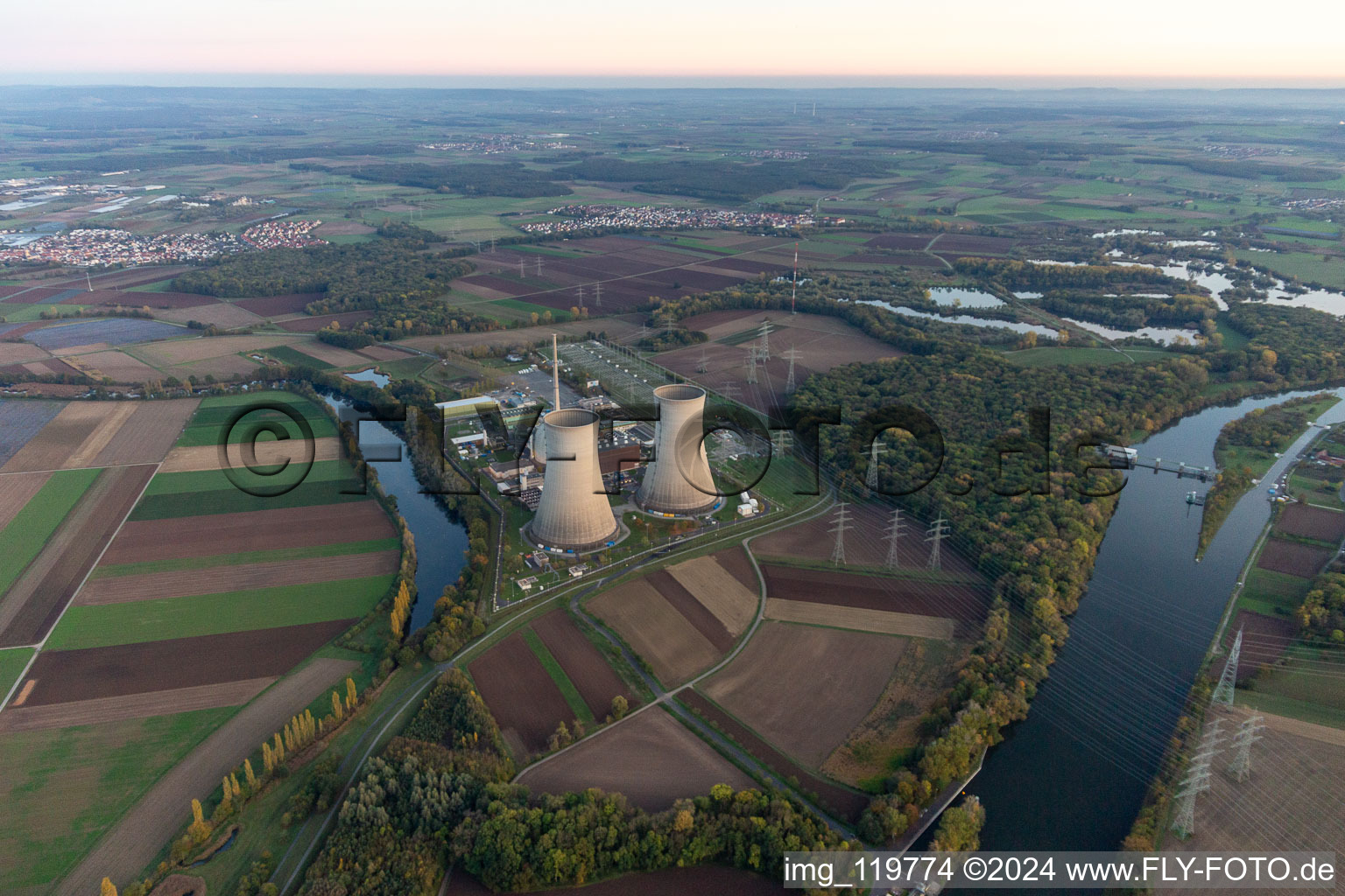 Village on the river bank areas of the Main opposite of Nucrlear power plant Schweinfurt in Garstadt in the state Bavaria, Germany