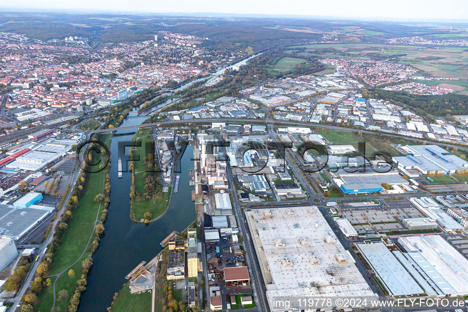 Harbor in Schweinfurt in the state Bavaria, Germany from above