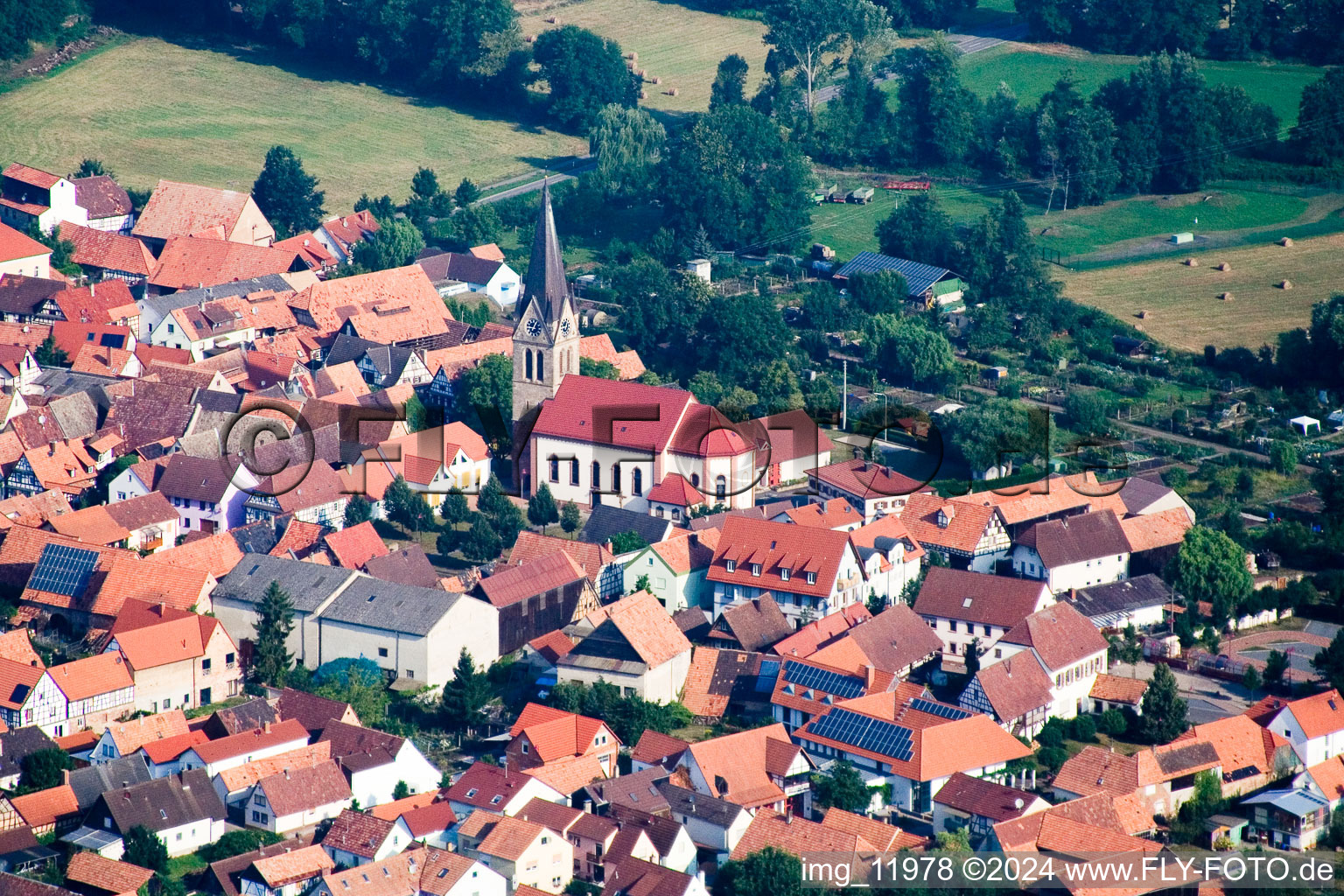 Aerial view of Church building in the village of in Steinweiler in the state Rhineland-Palatinate