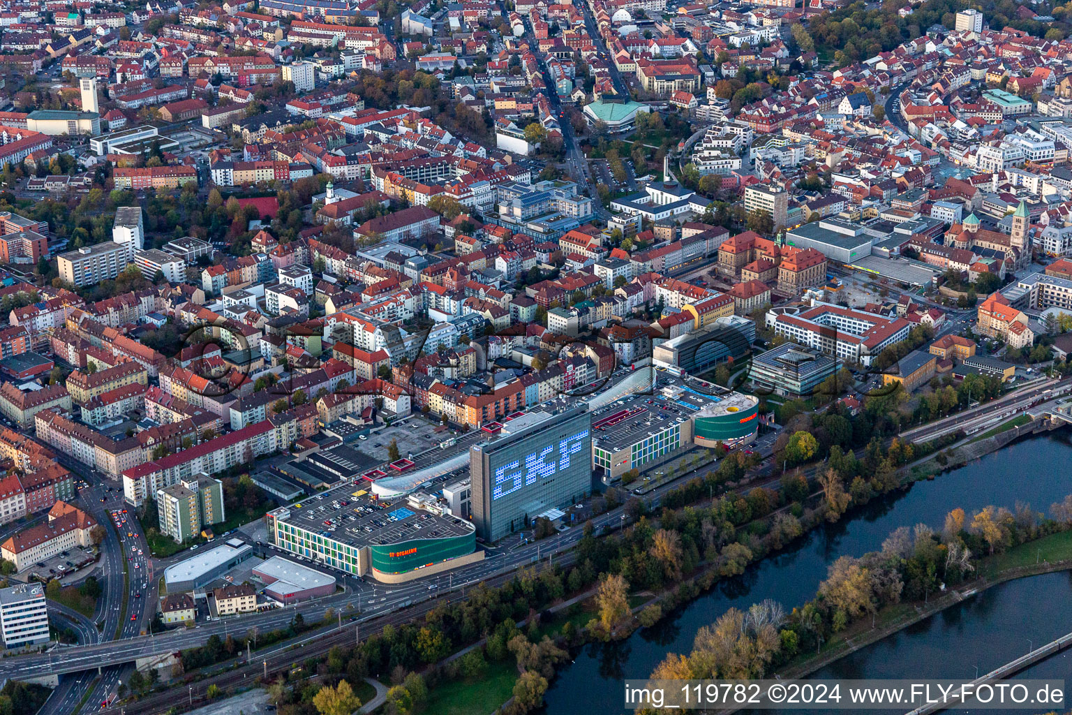 Aerial view of SKF House on the Main in Schweinfurt in the state Bavaria, Germany