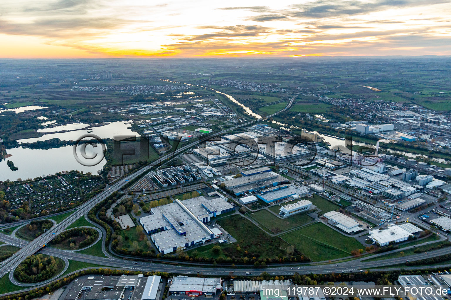 Harbor in Schweinfurt in the state Bavaria, Germany seen from above