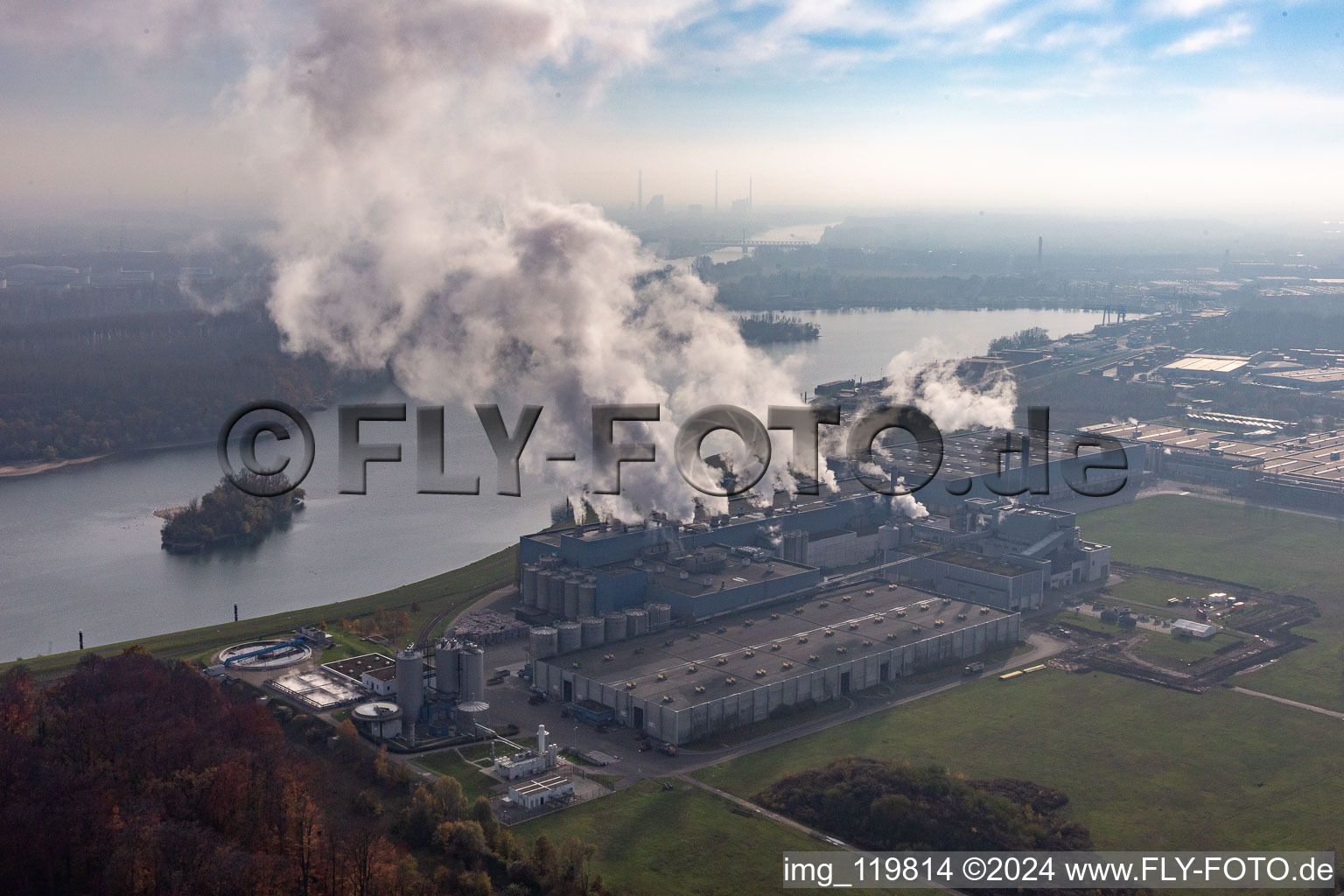 Aerial view of Palm Paper Mill in Wörth am Rhein in the state Rhineland-Palatinate, Germany