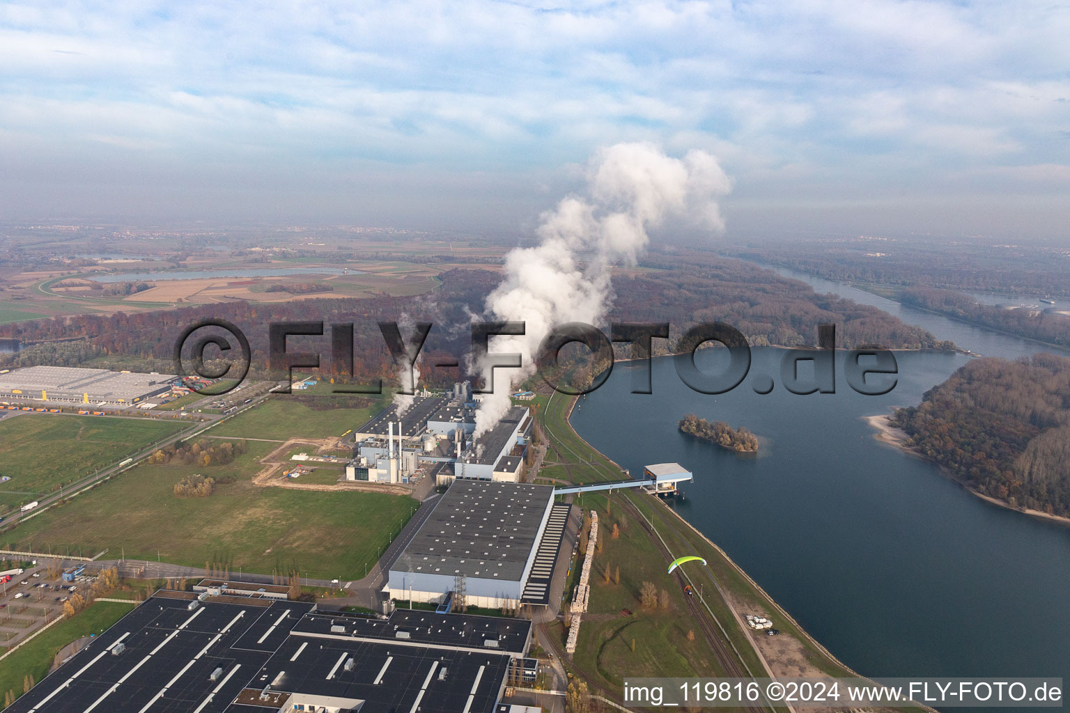 Oblique view of Palm Paper Mill in Wörth am Rhein in the state Rhineland-Palatinate, Germany