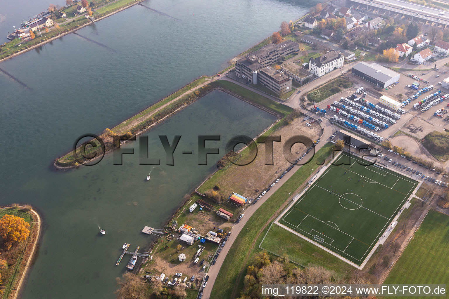 Quays and boat moorings at the port of the inland port Maximiliansau in Woerth am Rhein in the state Rhineland-Palatinate, Germany