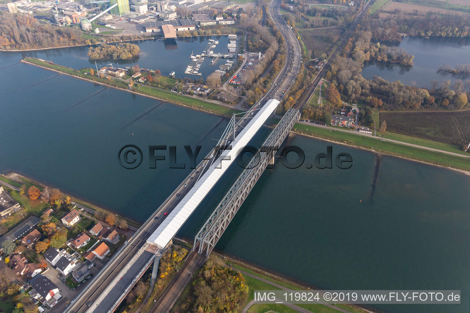 Aerial view of Construction site of the Rhine bridge B10 in Wörth am Rhein in the state Rhineland-Palatinate, Germany