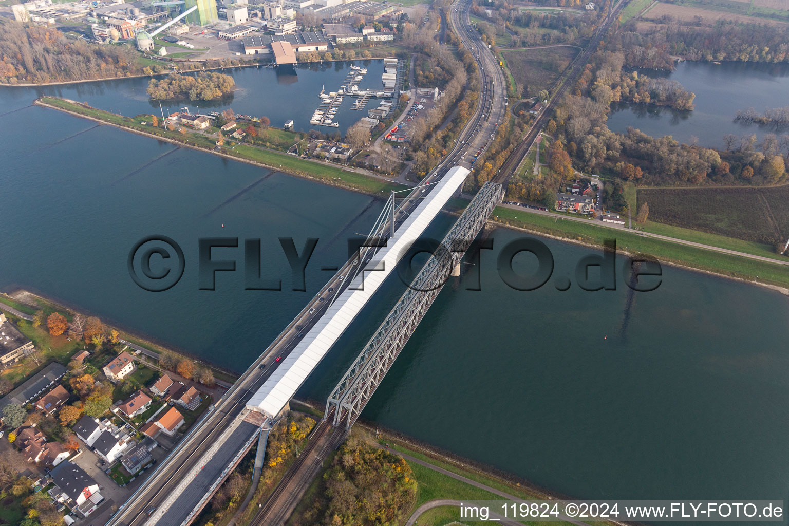 Aerial view of Construction site of the Rhine bridge B10 in Wörth am Rhein in the state Rhineland-Palatinate, Germany