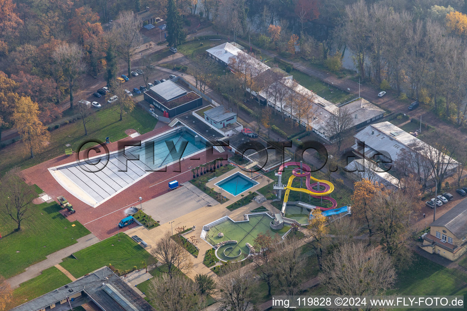 Aerial view of Rhine beach Rappenwört in the district Daxlanden in Karlsruhe in the state Baden-Wuerttemberg, Germany