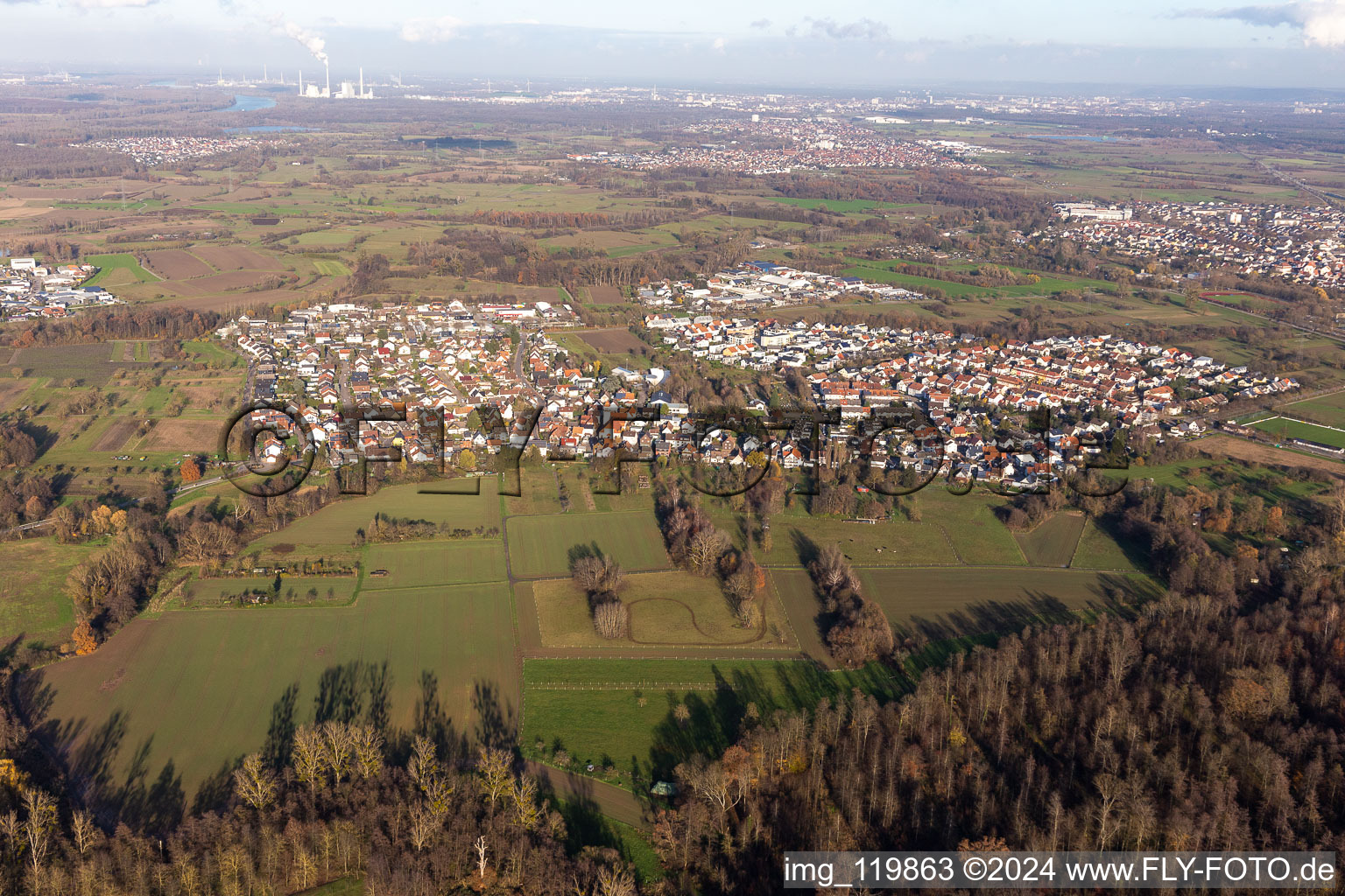 Aerial view of From the south in the district Würmersheim in Durmersheim in the state Baden-Wuerttemberg, Germany