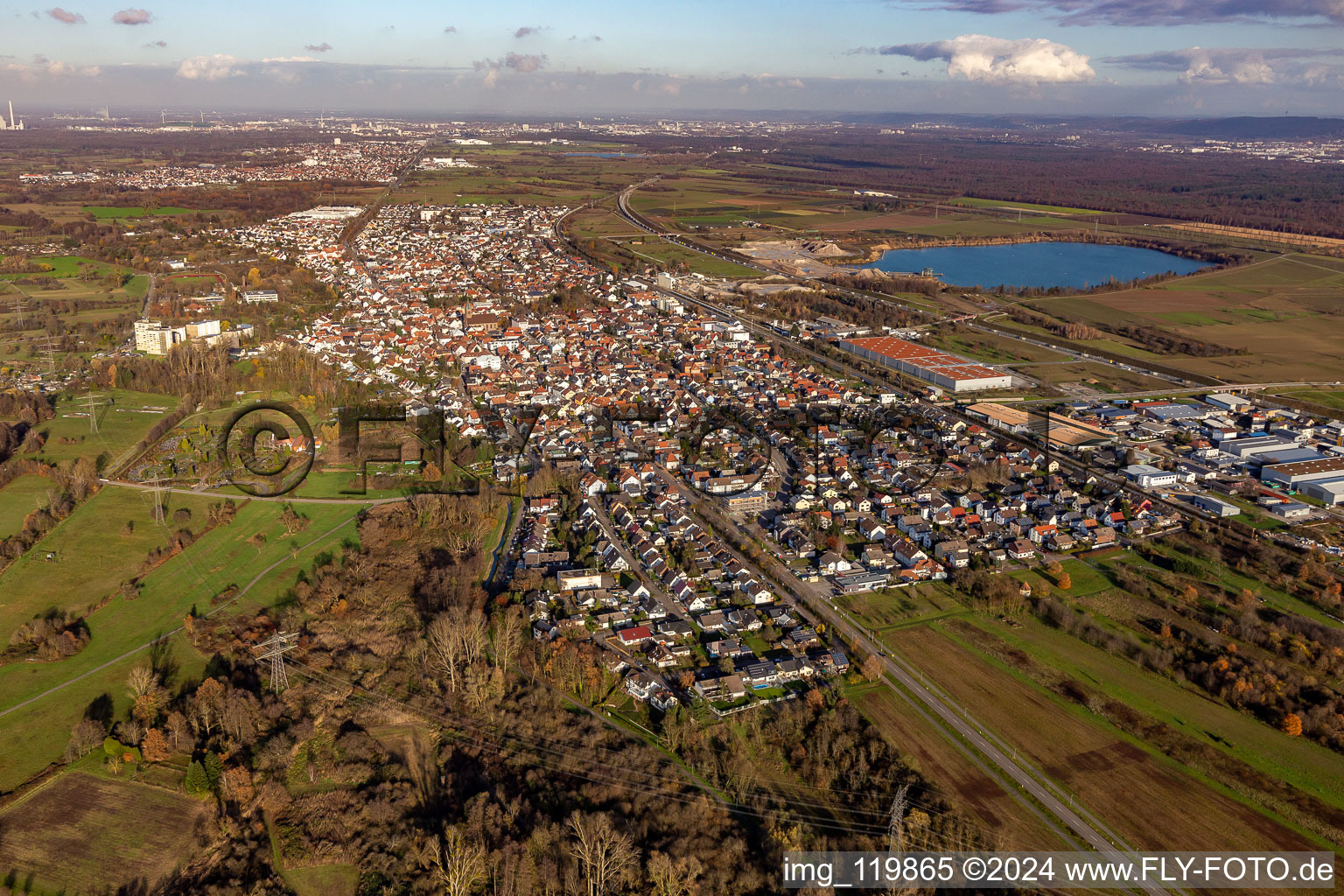 Aerial view of Town View of the streets and houses of the residential areas in Durmersheim in the state Baden-Wurttemberg, Germany