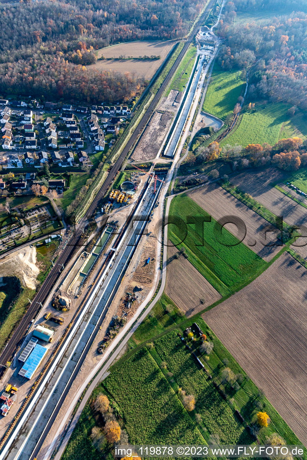 Aerial view of Construtcion work on a rail tunnel track in the route network of the Deutsche Bahn in Rastatt in the state Baden-Wurttemberg, Germany
