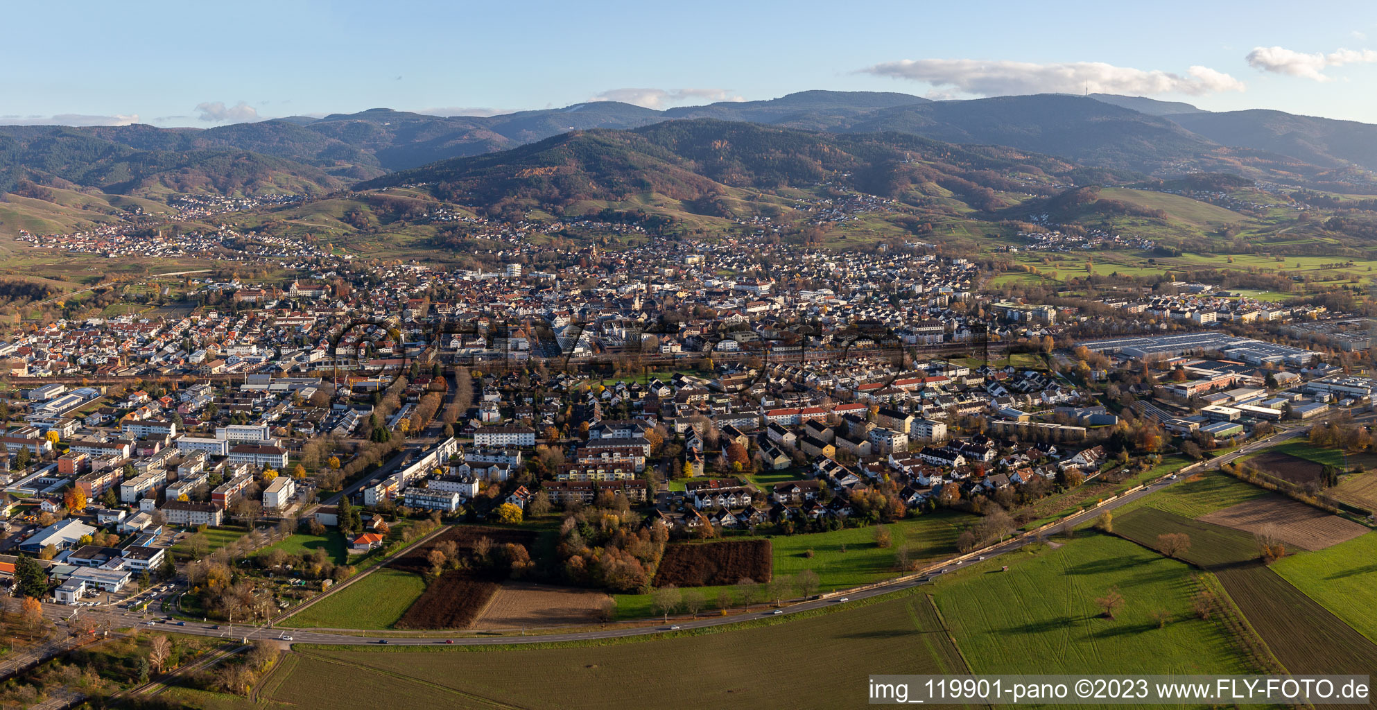 City area with outside districts and inner city area in Buehl in front of the black forest in the state Baden-Wurttemberg, Germany