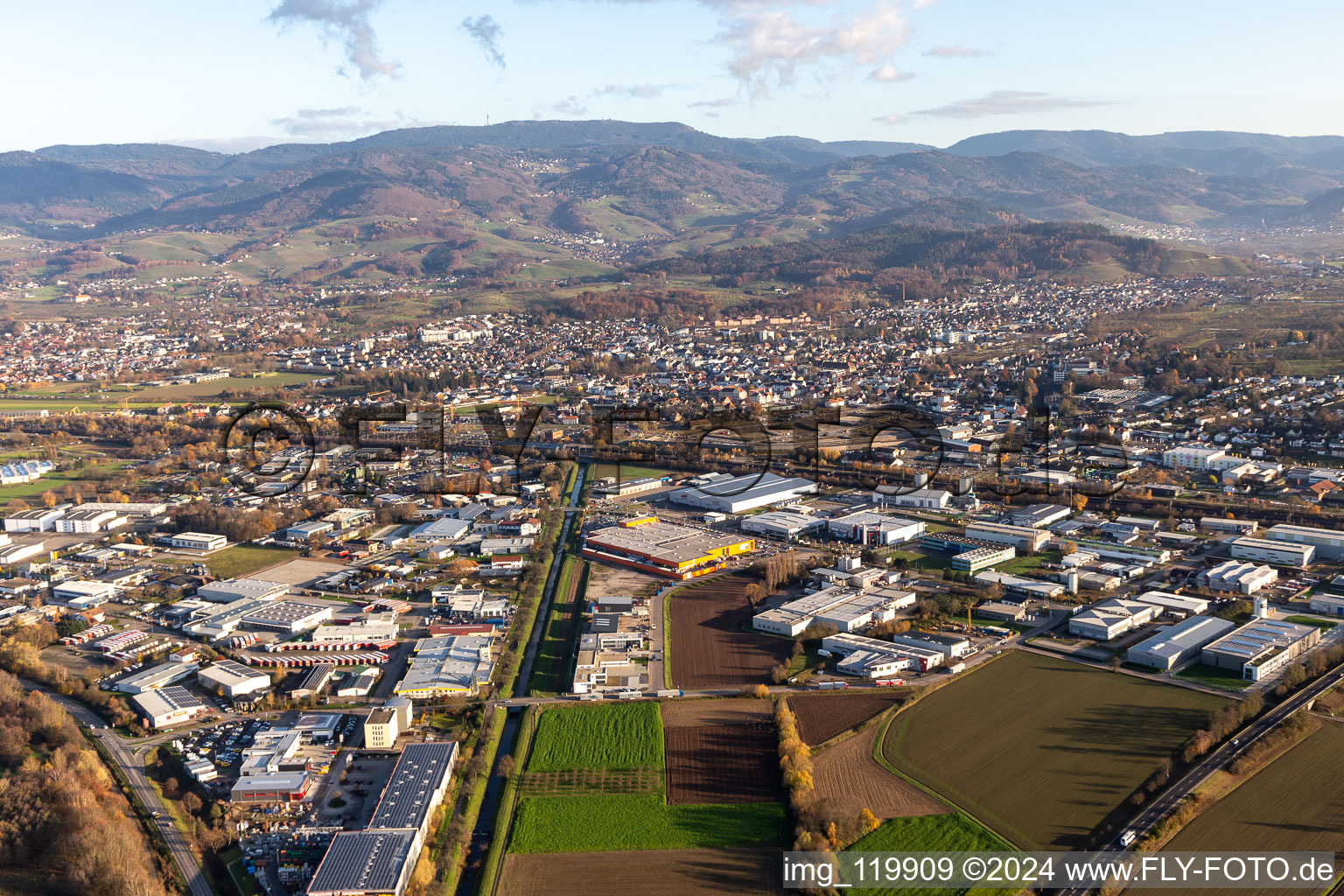 Industrial area left and right of the Acher in Achern in the state Baden-Wuerttemberg, Germany