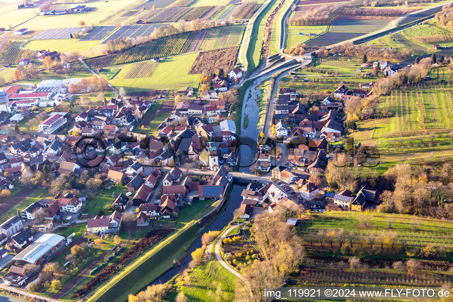 Aerial view of Rench Bridge in the district Erlach in Renchen in the state Baden-Wuerttemberg, Germany