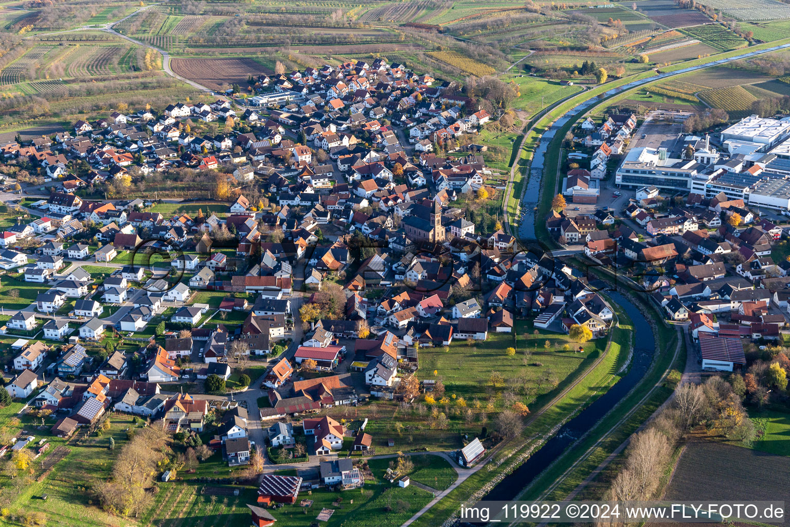 Town on the banks of the river of the river Rench in Stadelhofen in the state Baden-Wurttemberg, Germany